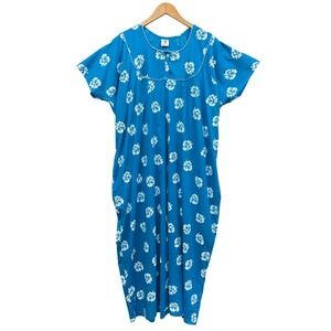 Vintage Blue Floral Muumuu Nightgown Maxi Lounger Dress Pocket India Cottagecore
